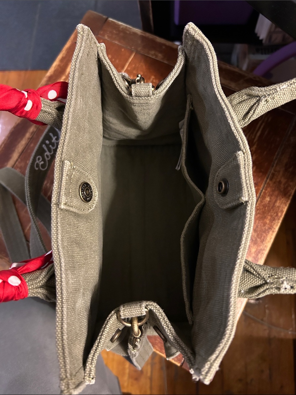 Gap Bag Small Olive Canvas Tote with Red Scarf-Wrapped Handles - Picture 5 of 10